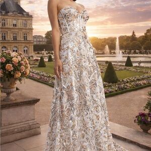 Dress the Population Strapless White and Gold Gown